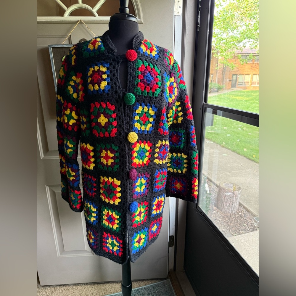 Rare vintage handmade colorful patchwork crochet blanket coat, size medium